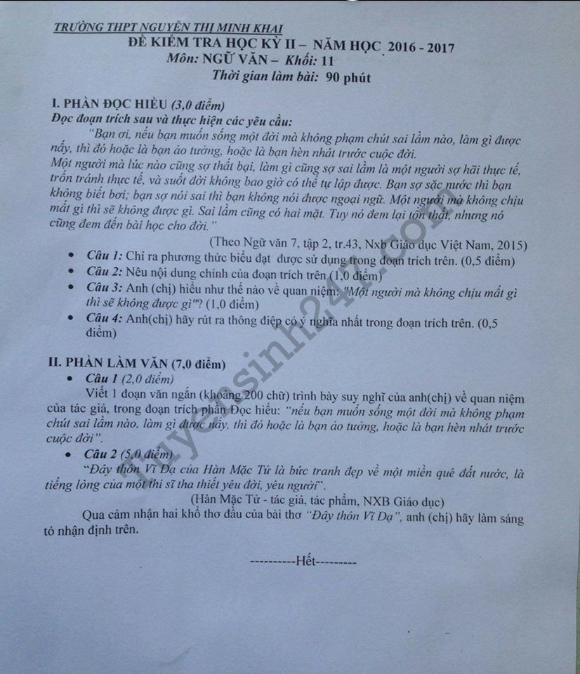 De thi hoc ki 2 lop 11 mon Van 2017 – THPT Nguyen Thi Minh Khai
