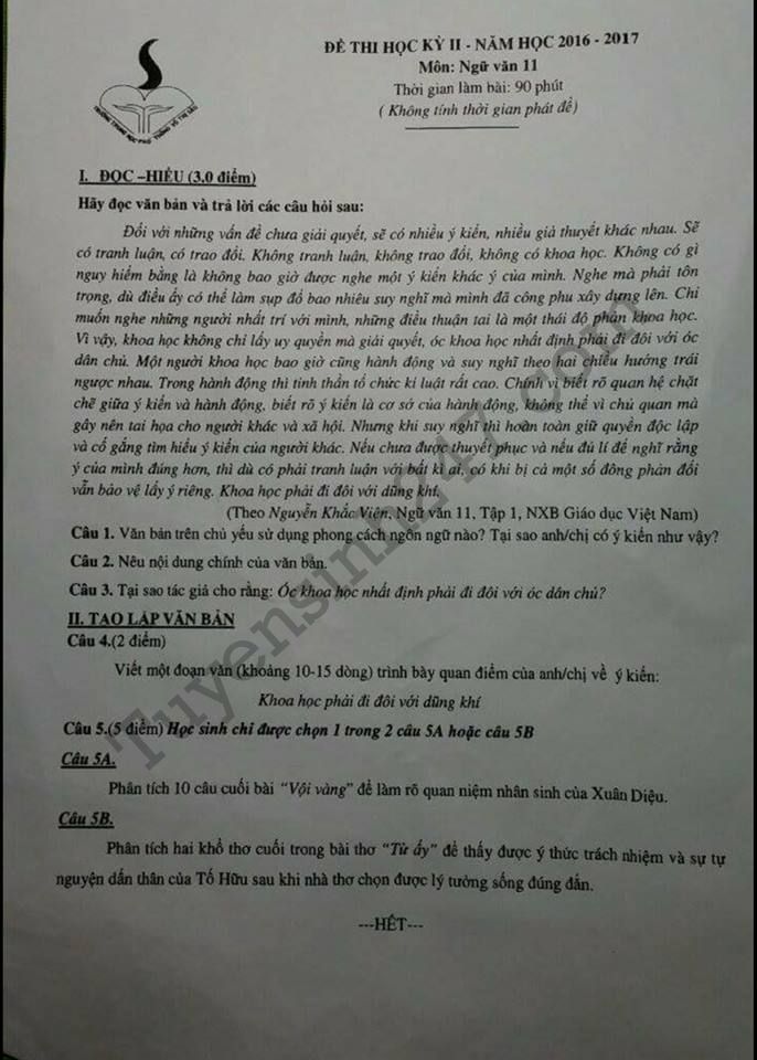 De thi hoc ki 2 lop 11 mon Van  – THPT Vo Thi Sau 2017