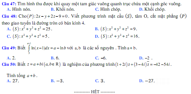 De thi hoc ki 2 lop 12 mon Toan - Le Quy Don 2017