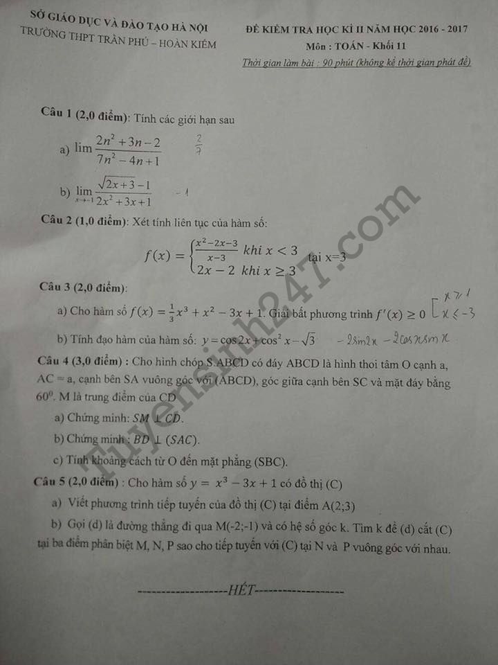 De thi hoc ki 2 lop 11 mon Toan THPT Tran Phu 2017