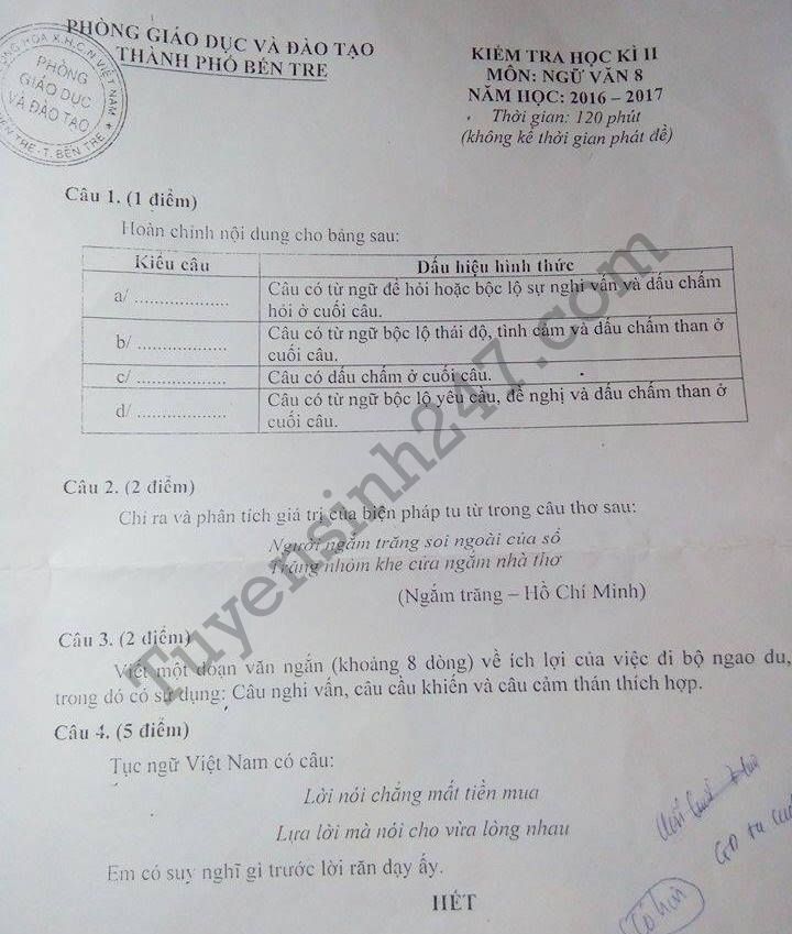 De thi hoc ki 2 lop 8 mon Van - Ben Tre 2017
