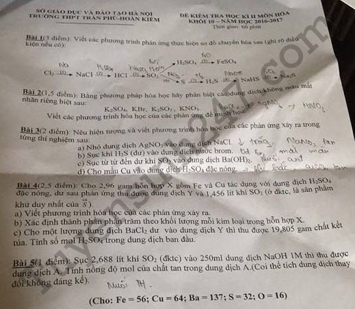 De thi hoc ki 2 lop 10 mon Hoa – THPT Tran Phu 2017