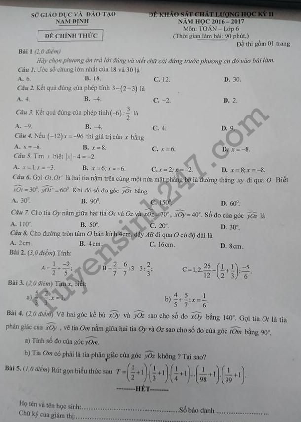 De thi hoc ki 2 lop 6 mon Toan – So GD Nam Dinh 2017