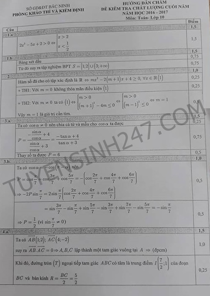 De thi hoc ki 2 mon Toan 2017 -  lop 10 - So GD Bac Ninh - Co loi giai chi tiet