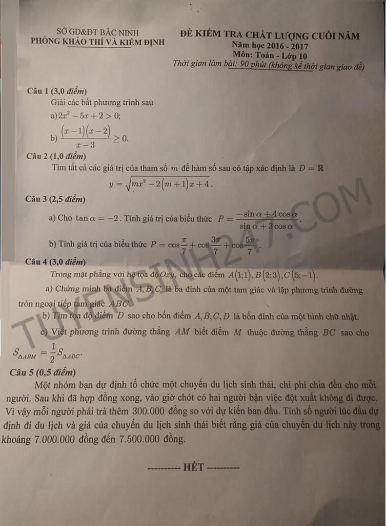 De thi hoc ki 2 mon Toan 2017 -  lop 10 - So GD Bac Ninh - Co loi giai chi tiet