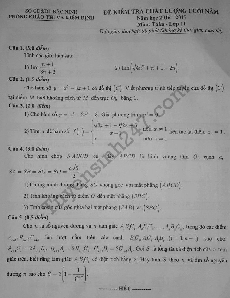 De thi hoc ki 2 lop 11 mon Toan - So GD Bac Ninh 2017 co dap an