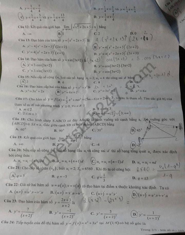 De thi hoc ki 2 lop 11 mon Toan - THPT Tran Hung Dao 2017
