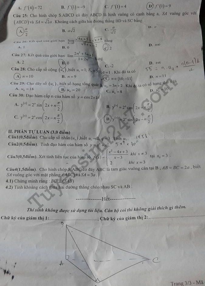 De thi hoc ki 2 lop 11 mon Toan - THPT Tran Hung Dao 2017