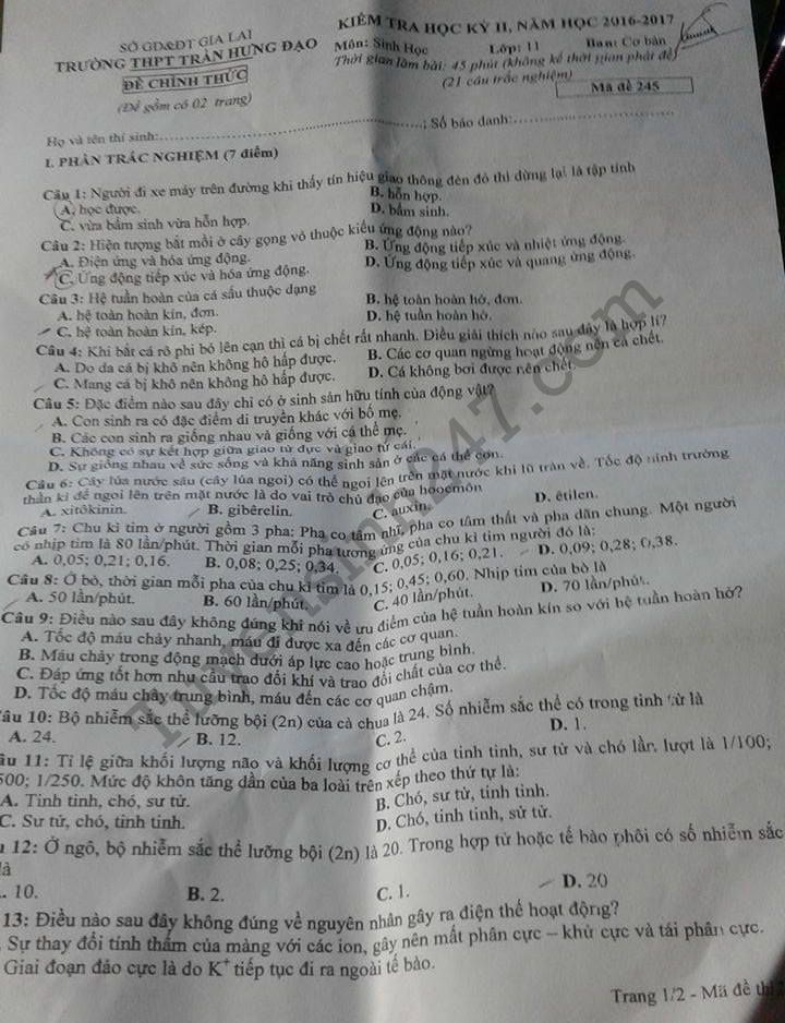 De thi hoc ki 2 lop 11 mon Sinh 2017 - THPT Tran Hung Dao