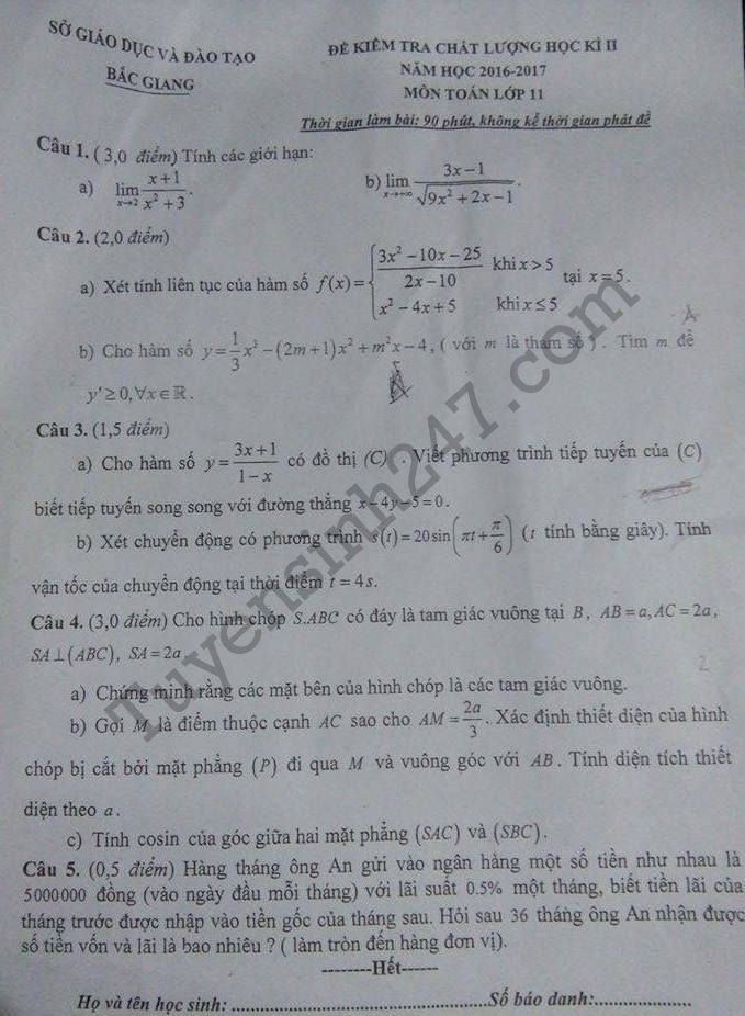 De thi hoc ki 2 lop 11 mon Toan – So GD Bac Giang 2017
