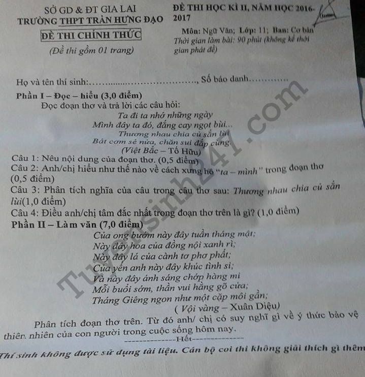 De thi hoc ki 2 lop 11 mon Van - THPT Tran Hung Dao 2017