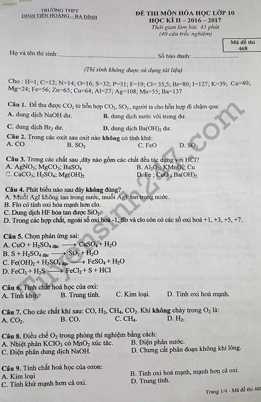 De thi hoc ki 2 lop 10 mon Hoa - THPT Dinh Tien Hoang 2017