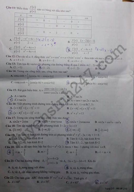 De thi hoc ki 2 lop 10 mon Toan - Thai Binh 2017