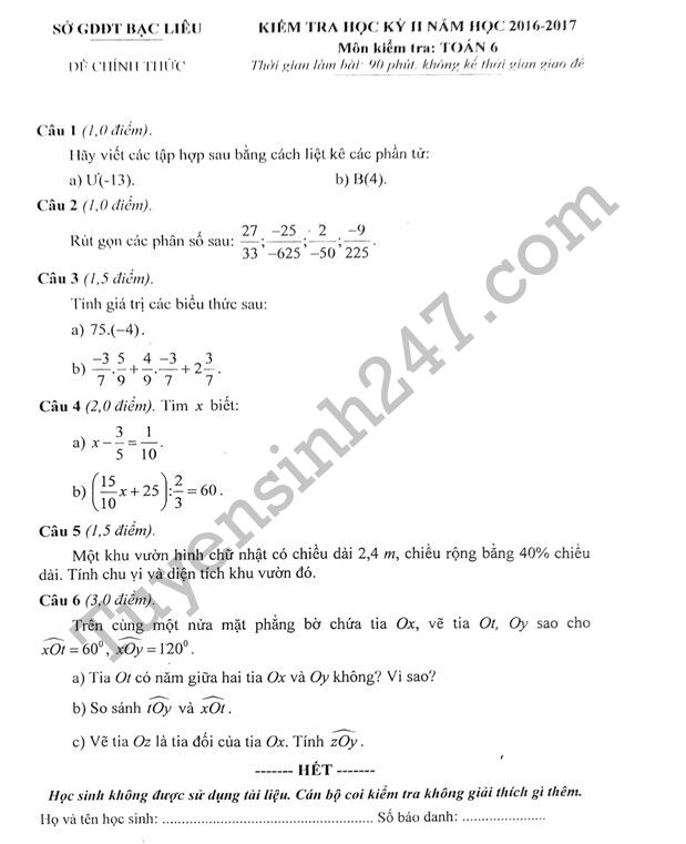 De thi hoc ki 2 lop 6 mon Toan - Bac Lieu 2017
