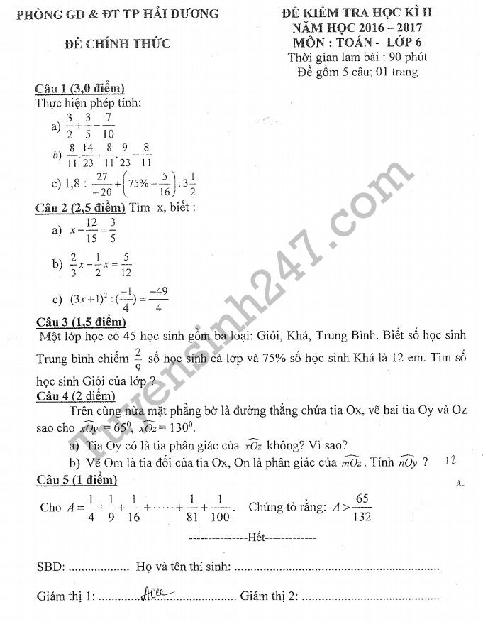 De thi hoc ki 2 lop 6 mon Toan 2017 - Hai Duong
