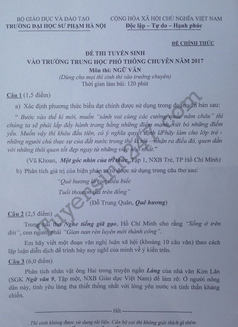 Dap an de thi vao lop 10 mon Van THPT Chuyen Su pham Ha Noi 2017