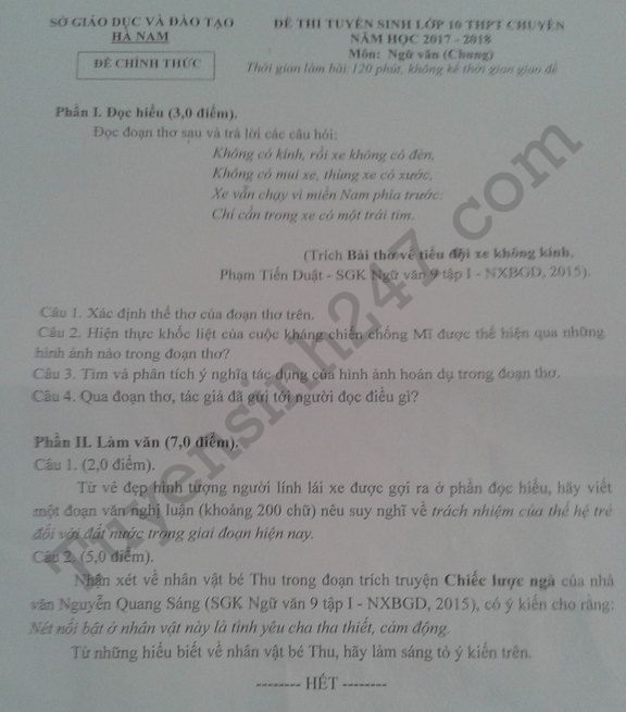 De thi vao lop 10 mon Van chung- tinh Ha Nam nam 2017