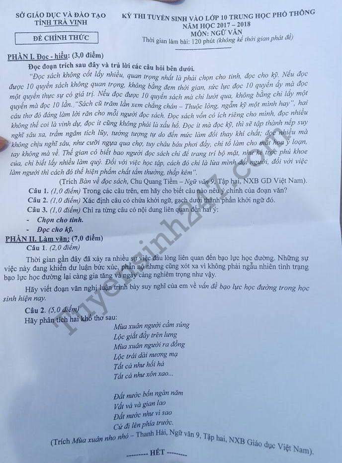 De thi vao lop 10 mon Van- tinh Tra Vinh nam 2017