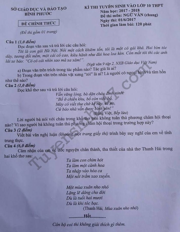 De thi vao lop 10 mon Ngu Van 2017 - Binh Phuoc