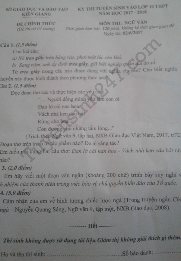 De thi vao 10 mon Van - Kien Giang 2017