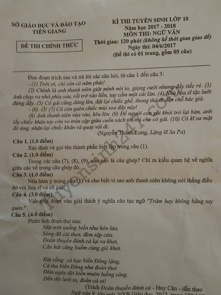 De thi vao lop 10 mon Van tinh Tien Giang 2017