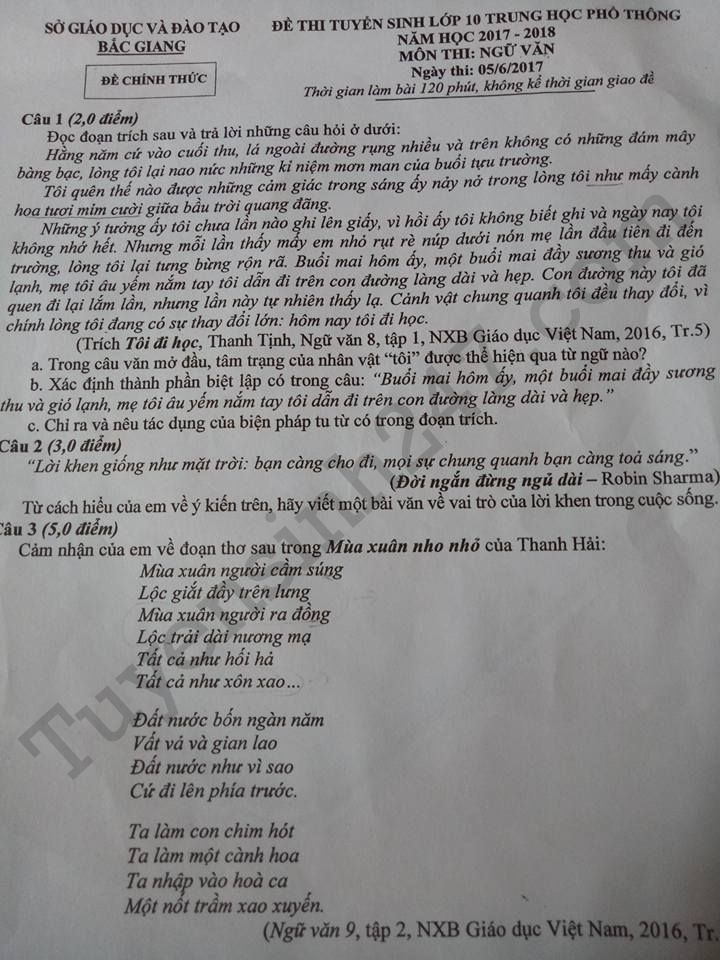 De thi vao lop 10 mon Ngu Van- Bac Giang 2017