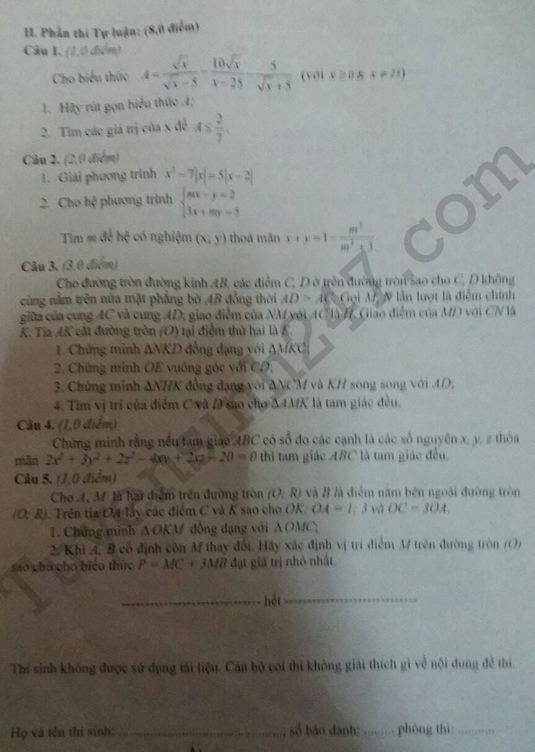 De thi vao lop 10 mon Toan chuyen- tinh Yen Bai 2017