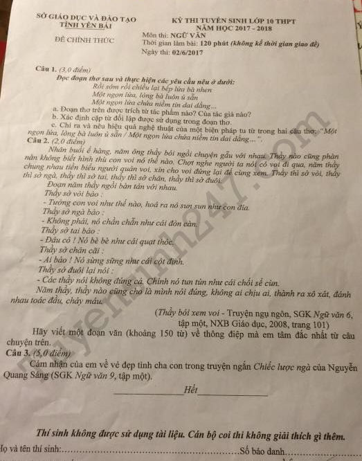 De thi vao lop 10 mon Ngu Van- tinh Yen Bai 2017