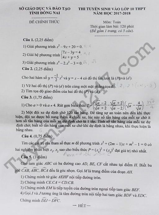 Dap an de thi vao lop 10 mon Toan tinh Dong Nai 2017