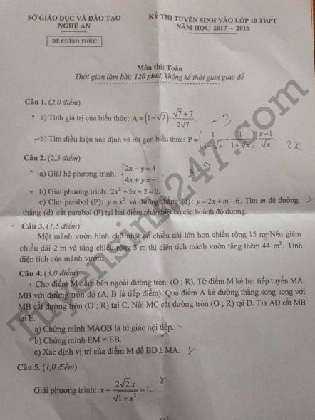 Dap an de thi vao lop 10 mon Toan tinh Nghe An 2017