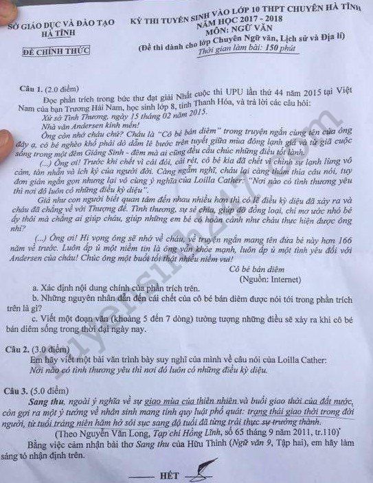 De thi vao lop 10 mon Van THPT Chuyen- Ha Tinh 2017