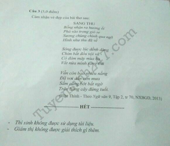 De thi vao lop 10 mon Van chuyen- tinh Kon Tum 2017