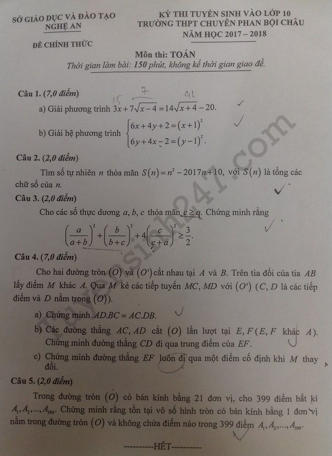 De thi vao lop 10 mon Toan chuyen Phan Boi Chau- Nghe An 2017