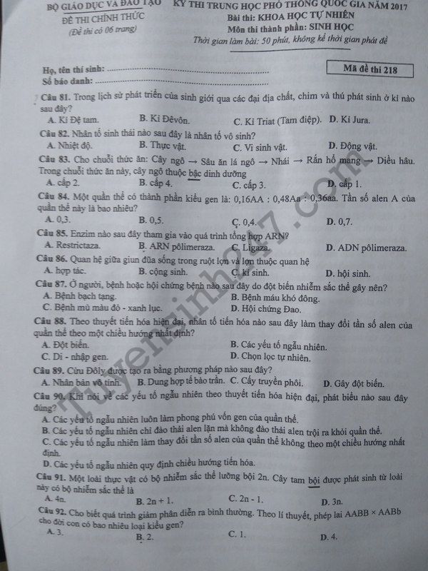 Dap an de thi THPTQG mon Sinh 2017 - Tat ca cac ma de