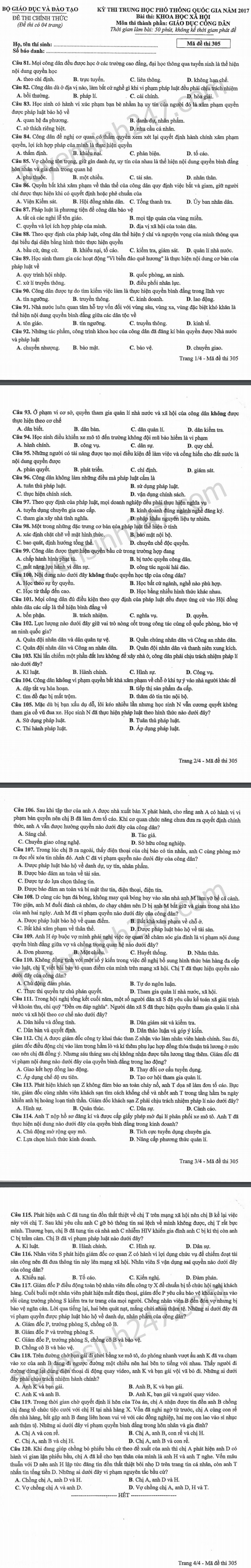 Dap an mon Giao duc cong dan thi THPTQG 2017 - Tat ca cac ma de