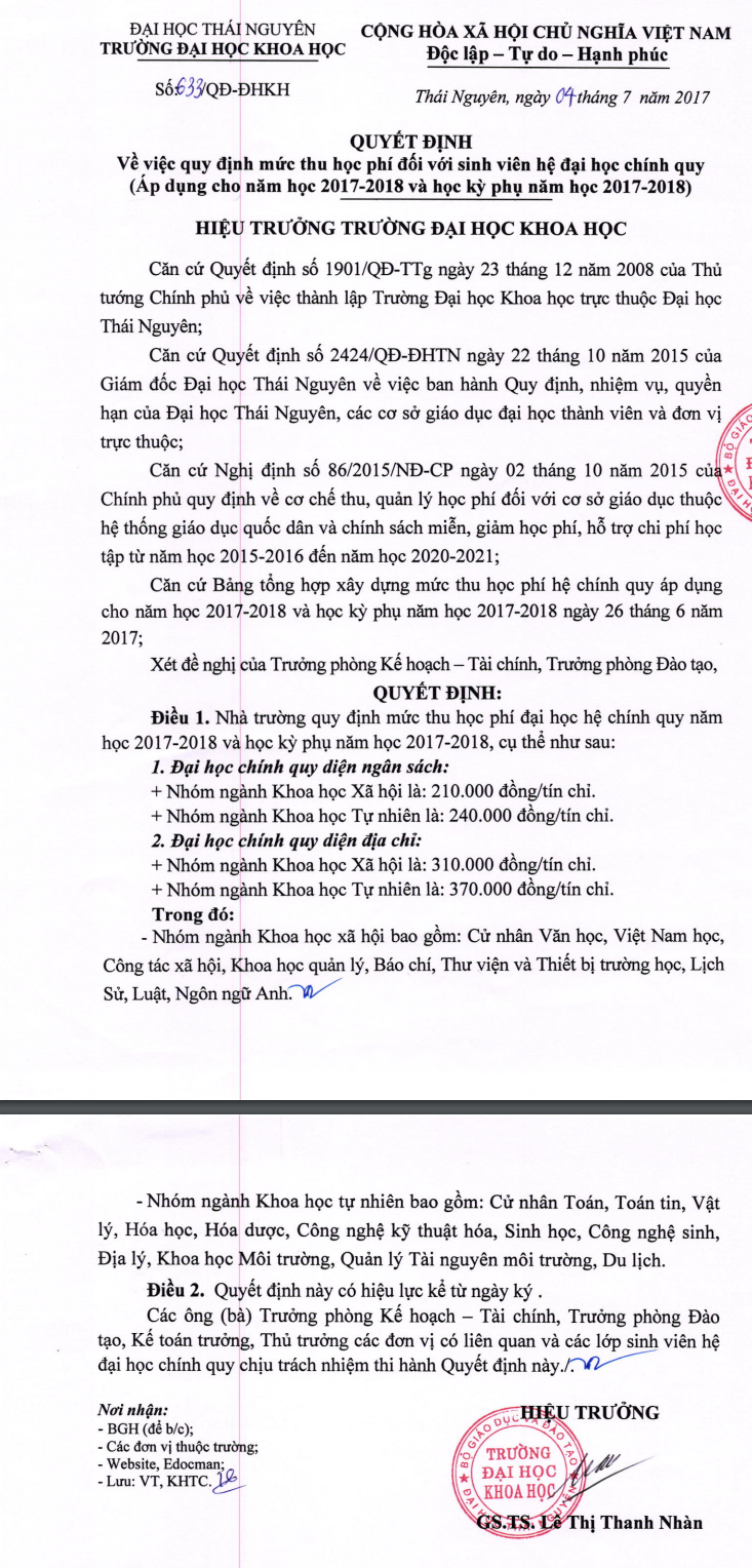 Dai hoc Khoa hoc Thai Nguyen hoc thong bao muc hoc phi nam 2018