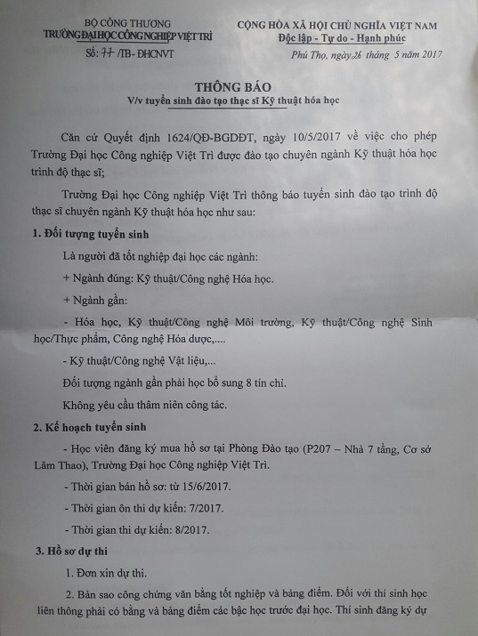 Dai hoc cong nghiep Viet Tri thong bao tuyen sinh thac si 2017