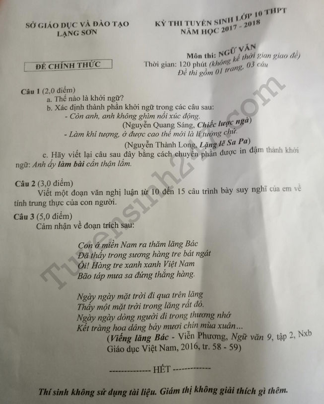 De thi vao lop 10 mon Van tinh Lang Son 2017