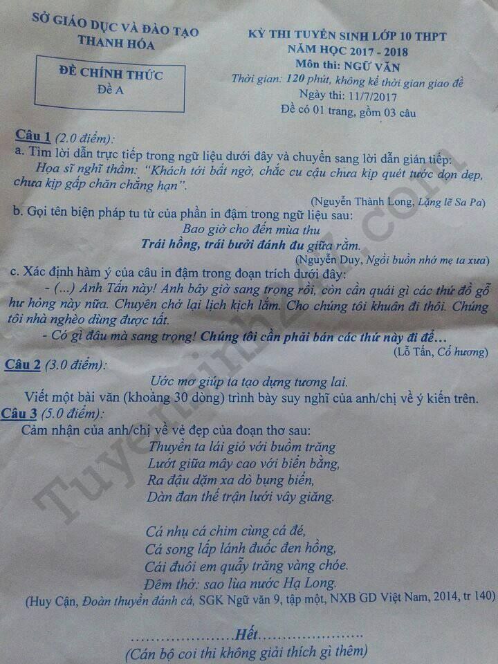De thi vao lop 10 mon Van tinh Thanh Hoa 2017