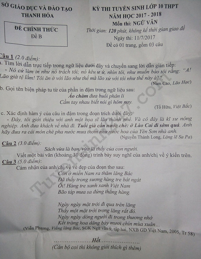 De thi vao lop 10 mon Van tinh Thanh Hoa 2017