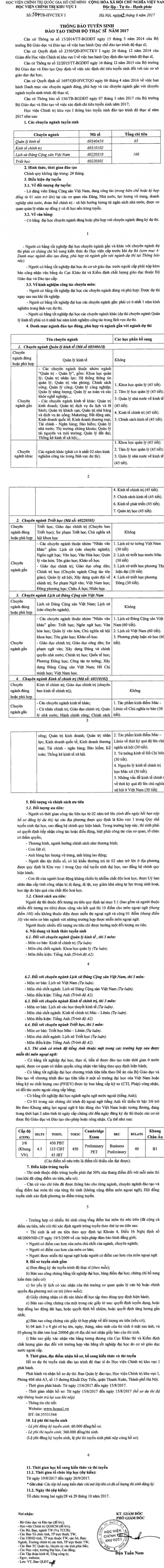 Hoc vien chinh tri quoc gia TPHCM tuyen sinh thac si 2017