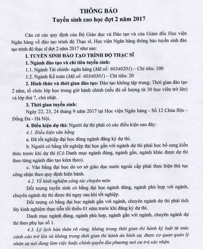 Hoc vien Ngan Hang thong bao tuyen sinh sau DH nam 2017 dot 2