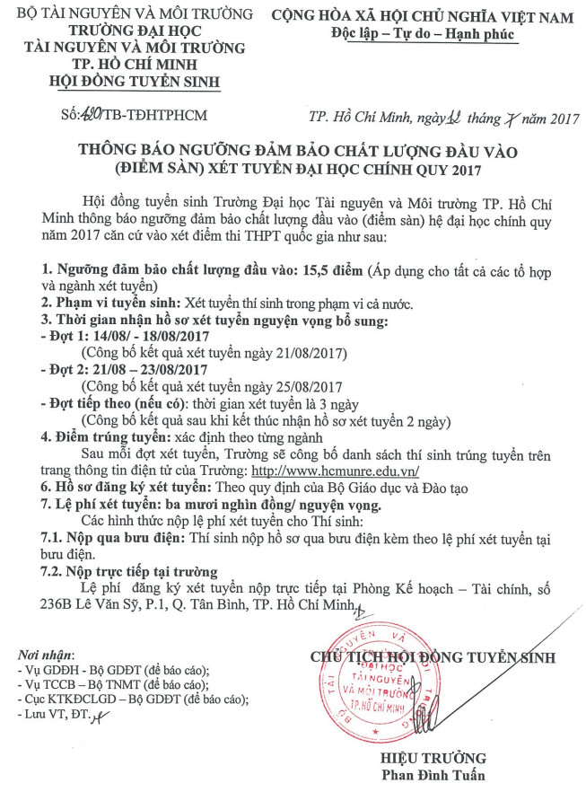 Diem xet tuyen Truong DH Tai nguyen va Moi truong TP.HCM