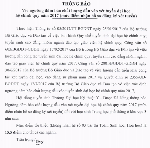 Diem xet tuyen Dai hoc ky thuat y - duoc Da Nang nam 2017