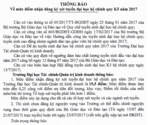Diem xet tuyen Dai hoc Tai chinh - Quan tri kinh doanh nam 2017