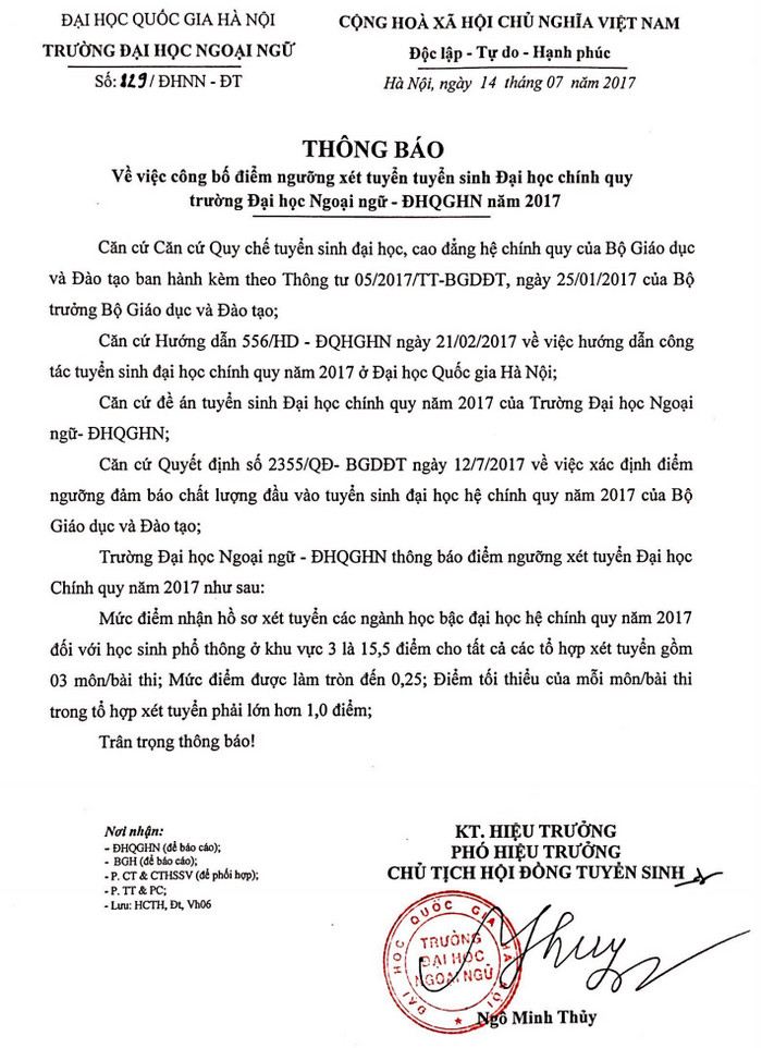 Dai hoc Ngoai ngu- DH QGHN cong bo diem xet tuyen ho so nam 2017