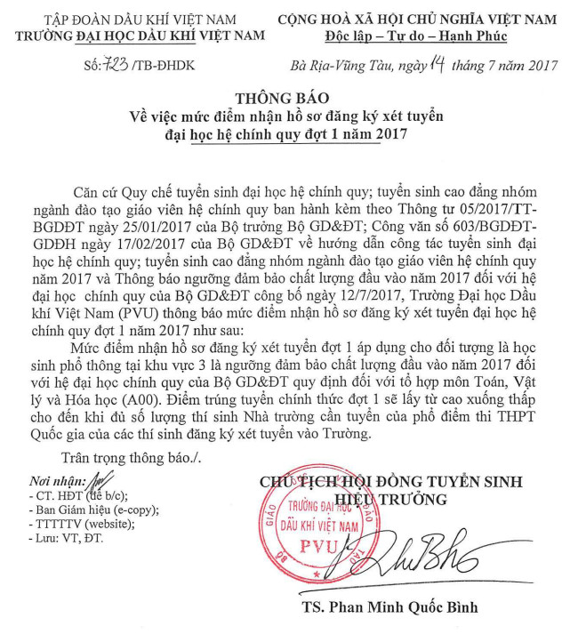 Diem xet tuyen Truong DH Dau khi Viet Nam Nam 2017