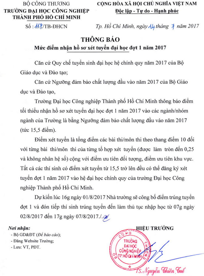 Diem xet tuyen vao truong DH Cong nghiep TPHCM
