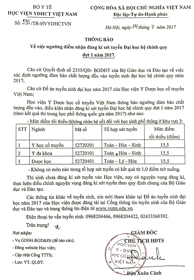 Diem xet tuyen Hoc vien y duoc hoc co truyen Viet Nam 2017