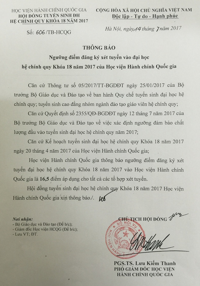 Diem xet tuyen vao truong Hoc vien hanh chinh quoc gia nam 2017